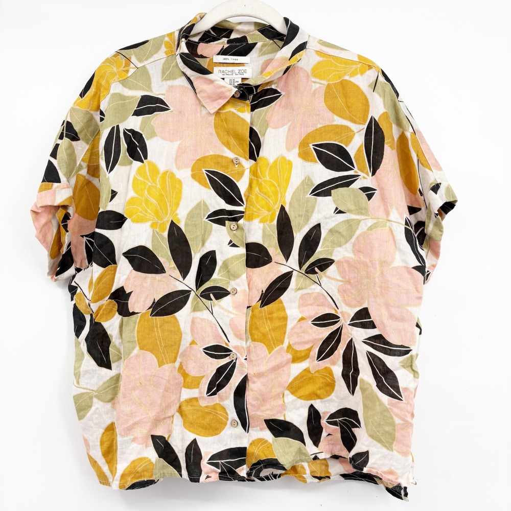 Rachel Zoe Womens Resortwear Floral 100% Linen Tropical Button Front Shirt XL